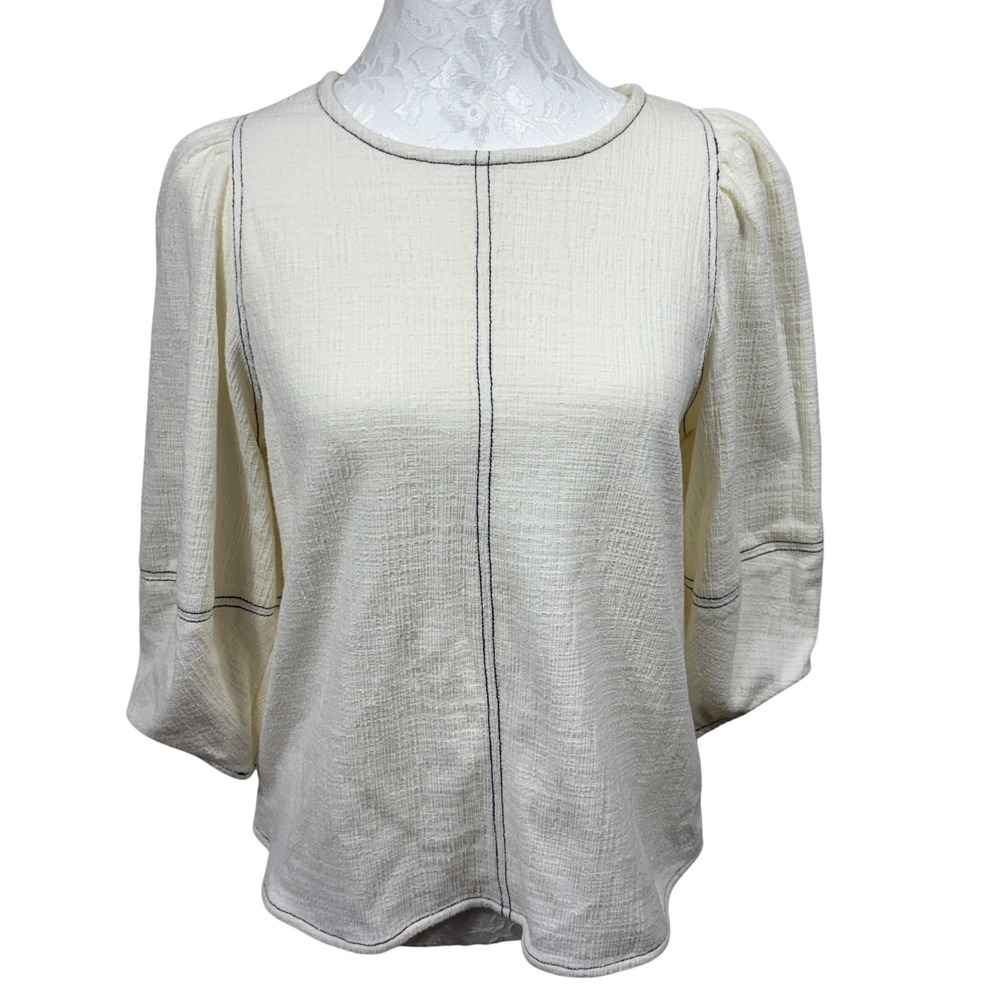 Current Air Cream Contrast Stitch Puff Sleeve 3/4 Sleeve Top Blouse Womens Small